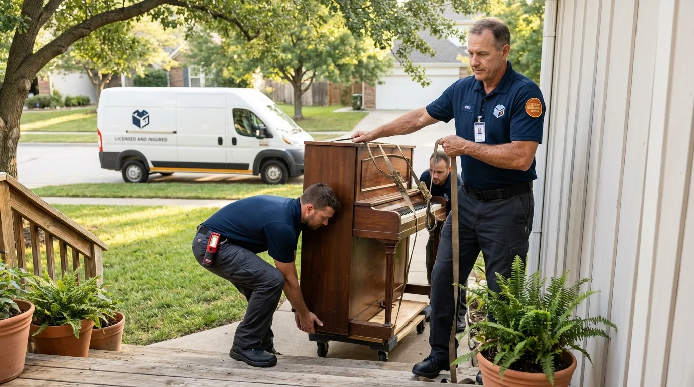 Licensed piano movers securing grand piano in Kent, WA
