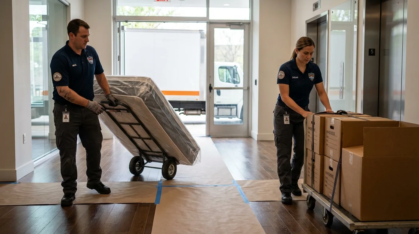 Professional apartment movers loading elevator in Kent, WA